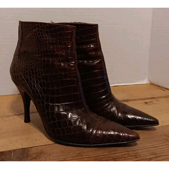 Via Spiga Lydia Booties Boots Womens 8.5 N Narrow Brown Leather Croc Pointed Toe - Picture 1 of 8